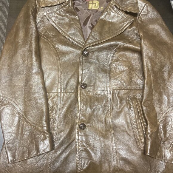 Vintage Rice Sportswear 70s Brown Leather Coat Plaid Lined Hipster Mod Men 44 - Picture 4 of 10